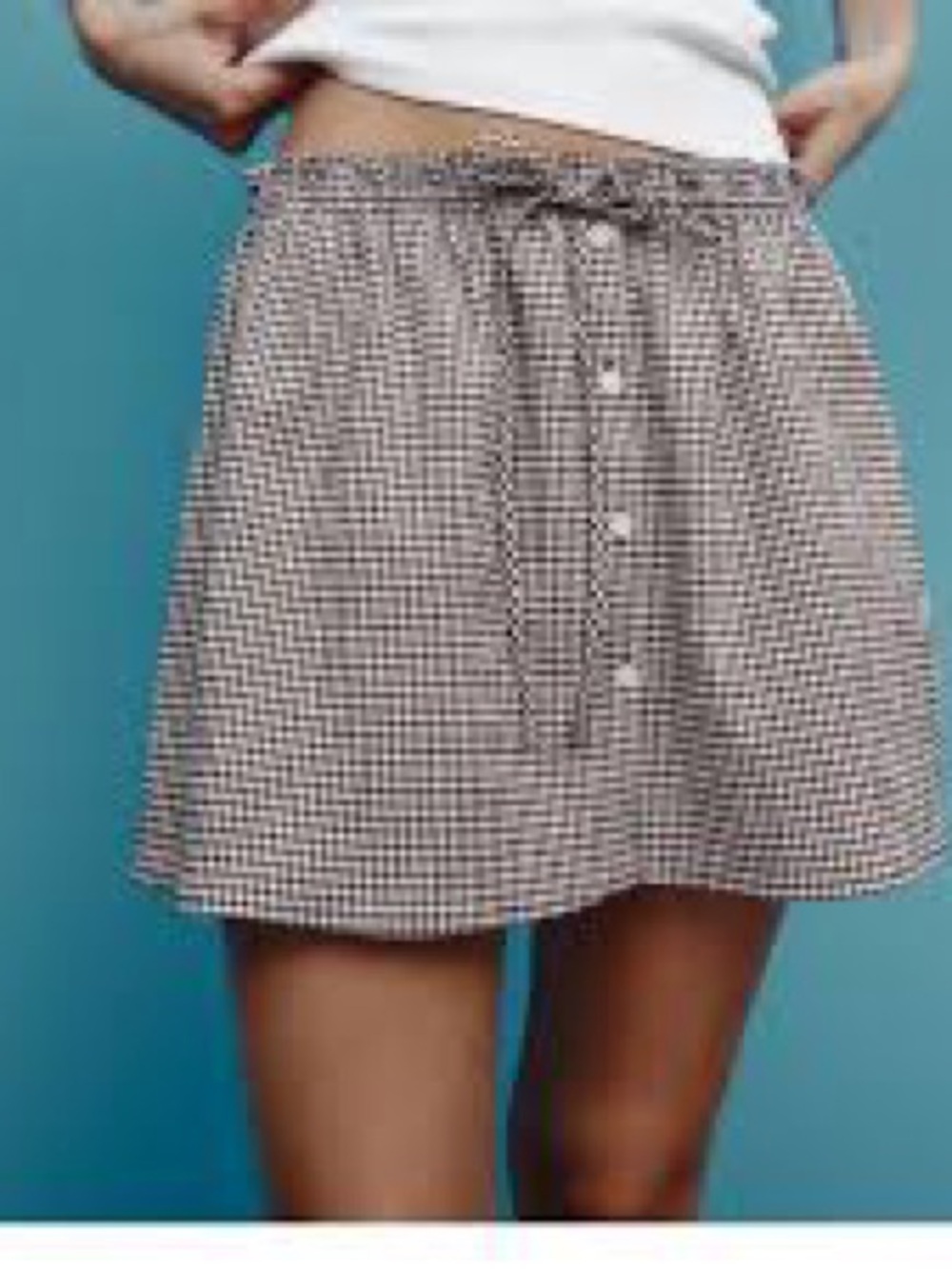 Zara Brown and White Gingham Drawstring Button-Front Mini Skirt